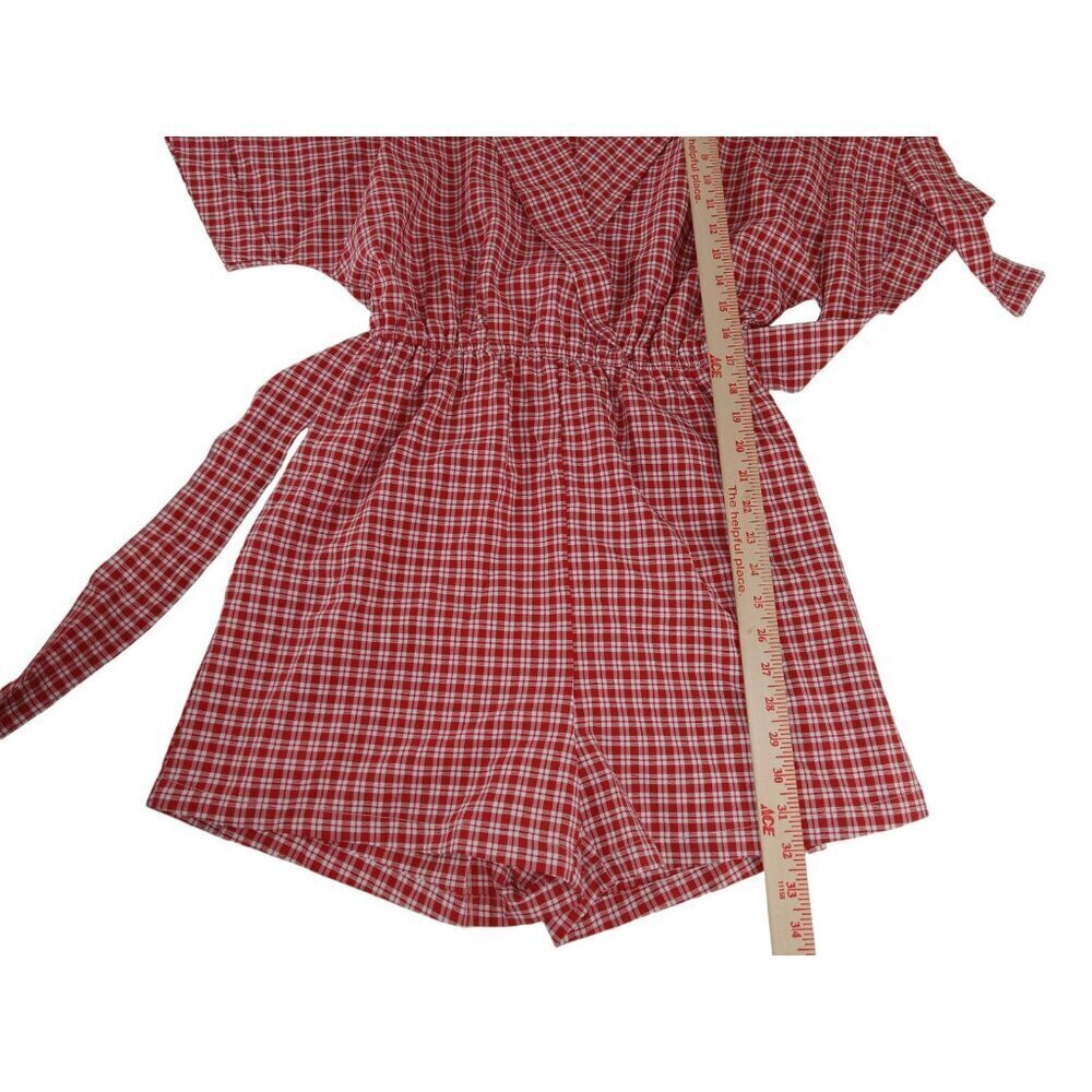 Entro Womens Romper Red Short Sleeve Surplice V-NECK Plaid Belted Woven S NWT - Picture 13 of 14
